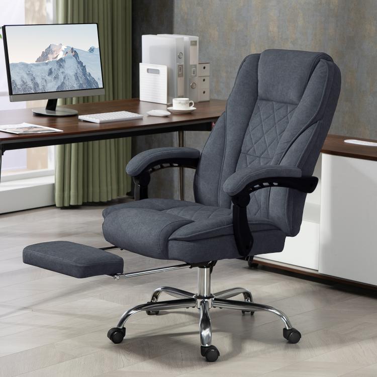 Charcoal gray reclining massage chair with extended footrest on swivel base