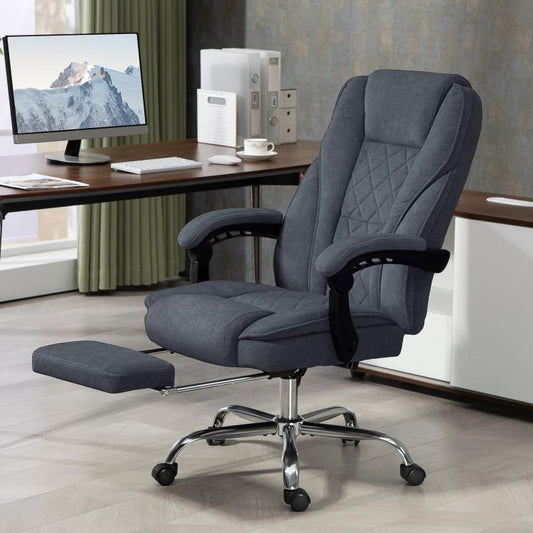 Charcoal gray reclining massage chair with extended footrest on swivel base
