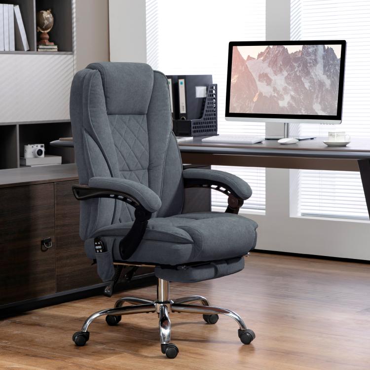 Charcoal gray office massage chair with curved armrests and tall padded back