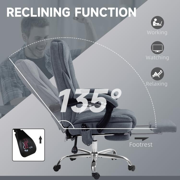 Charcoal gray reclining office chair angled back with footrest extended