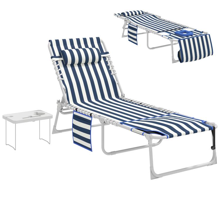 Blue-and-white striped folding tanning chaise lounge chair with side table, angled view