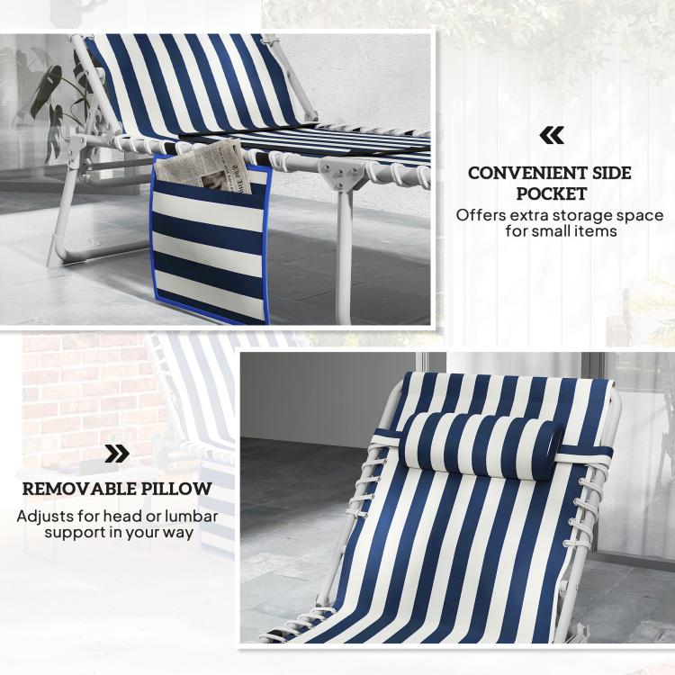 Blue-and-white striped folding chaise lounge chair with side pocket and adjustable head support