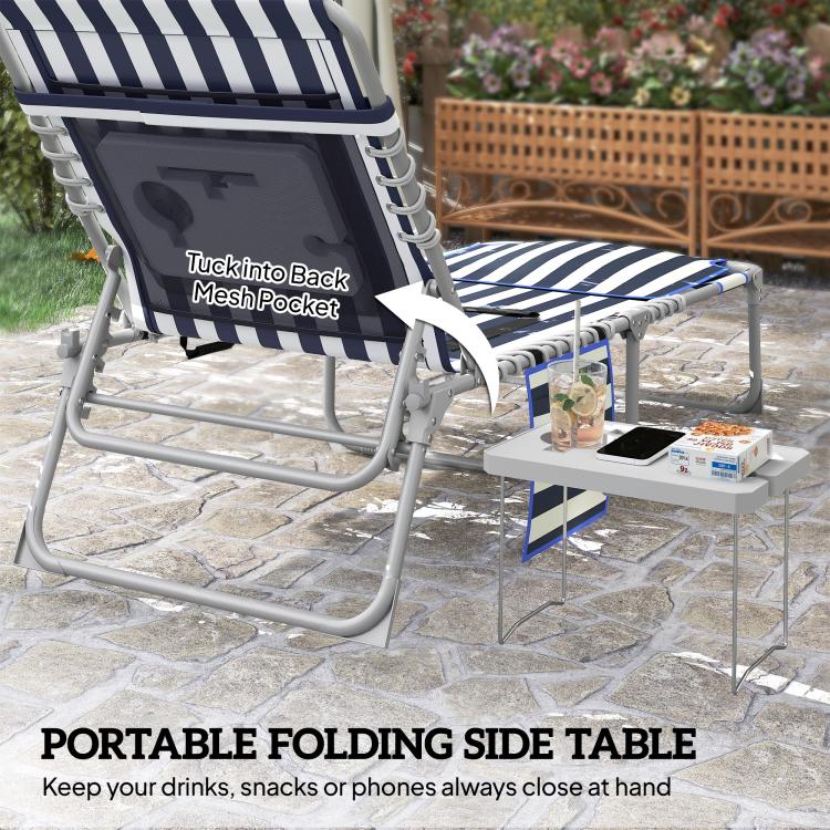 Blue-and-white striped folding chaise lounge with mesh back pocket and side table