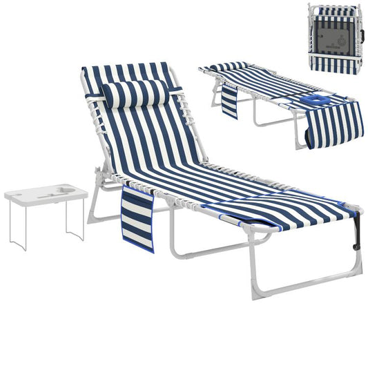 Blue-and-white striped folding tanning chaise lounge chair with side table