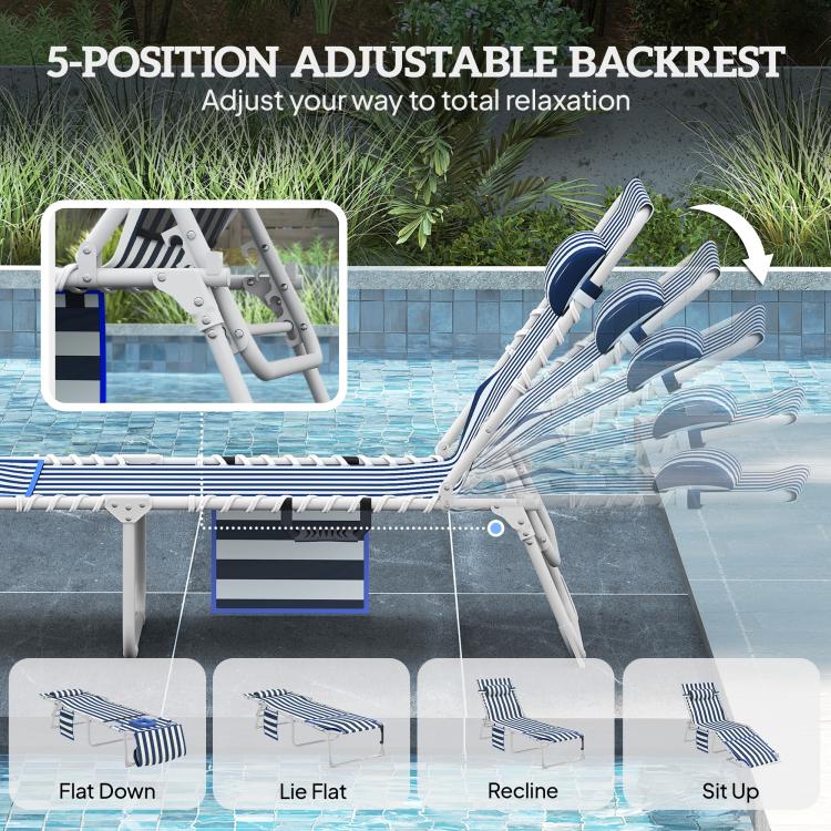 Blue-and-white striped folding chaise lounge with adjustable 5-position backrest