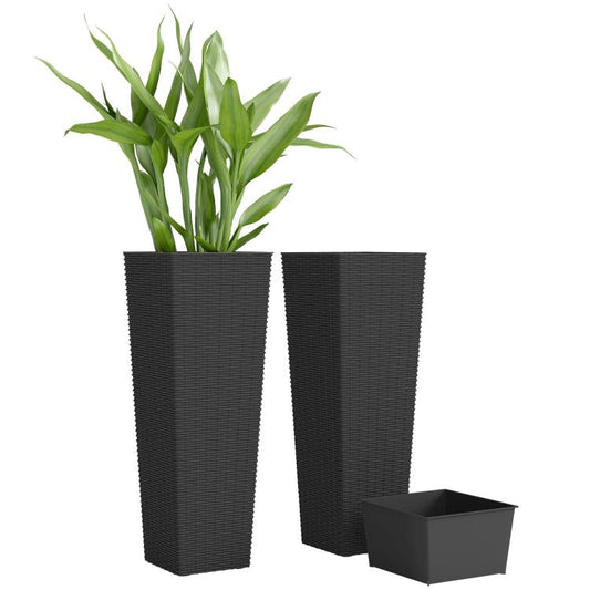 Black tall plastic flower planters set of 2 with woven texture and drainage holes