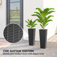 Two black tall planters with potted plants and close-up of textured ridged surface