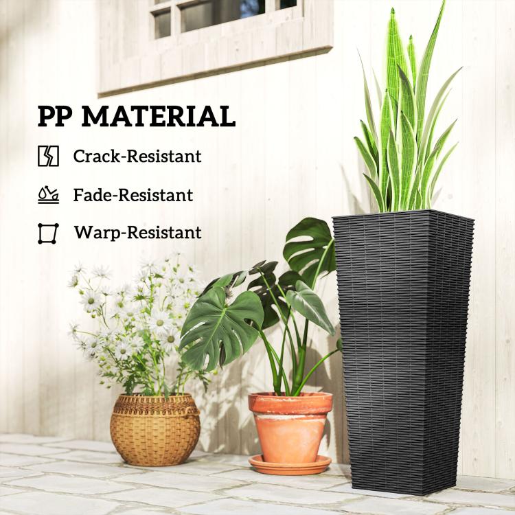 Tall black woven plastic planters with potted plants, crack-, fade-, warp-resistant