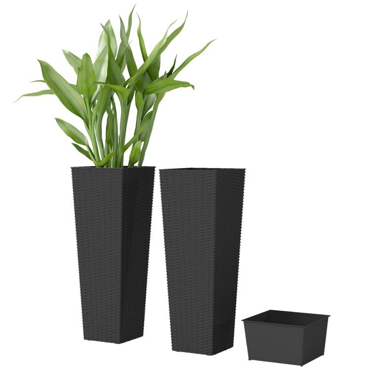 Set of 2 tall black plastic planters with textured finish, shown with small drainage tray