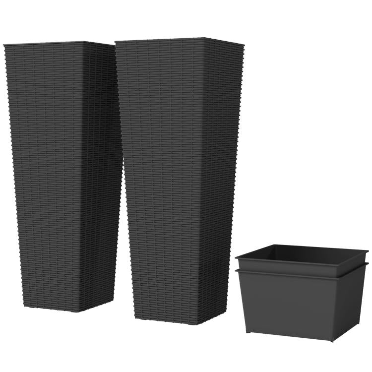 Set of two tall black plastic planters with ribbed texture, plus matching square bin