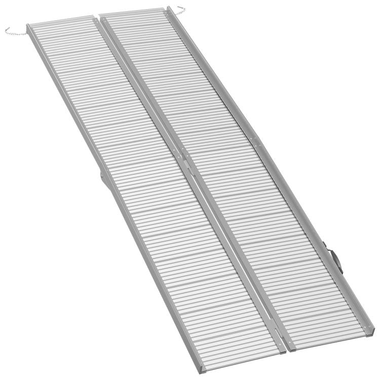 Foldable aluminum wheelchair ramp with ribbed silver traction panels and side rails