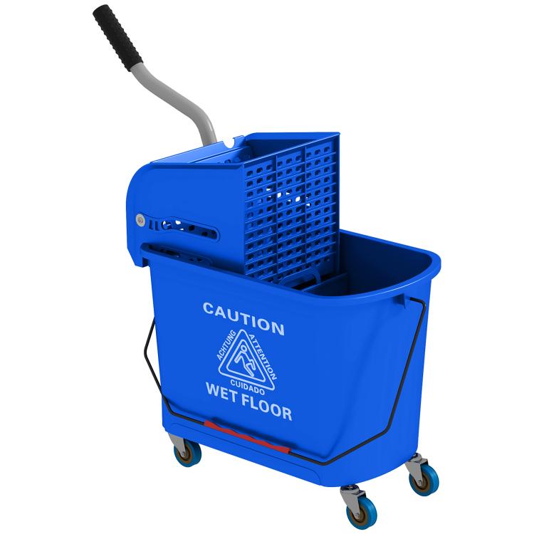 Blue wheeled mop bucket with wringer basket and wet floor caution sign