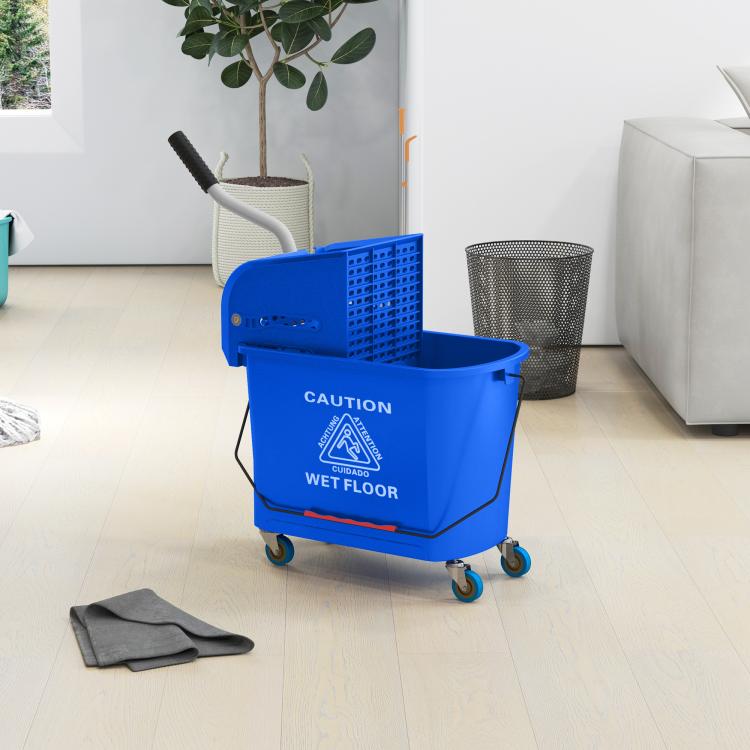 Blue wheeled mop bucket with wringer and caution wet floor label