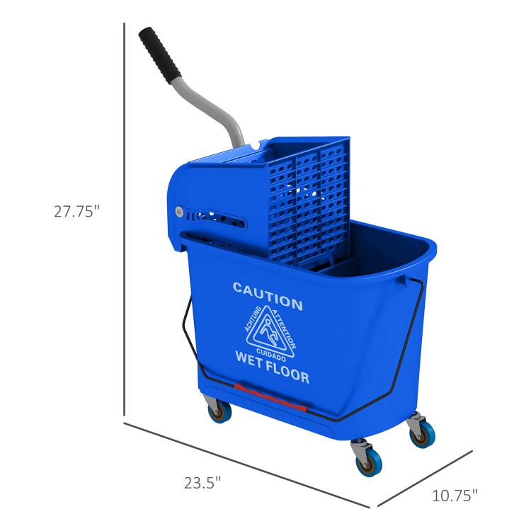 Blue wheeled mop bucket with wringer, shown with height and width dimensions