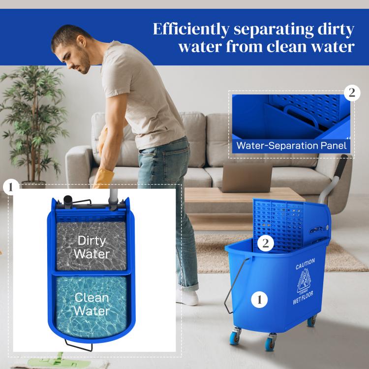 Blue mop bucket with wringer and water-separation panel, with dirty and clean compartments