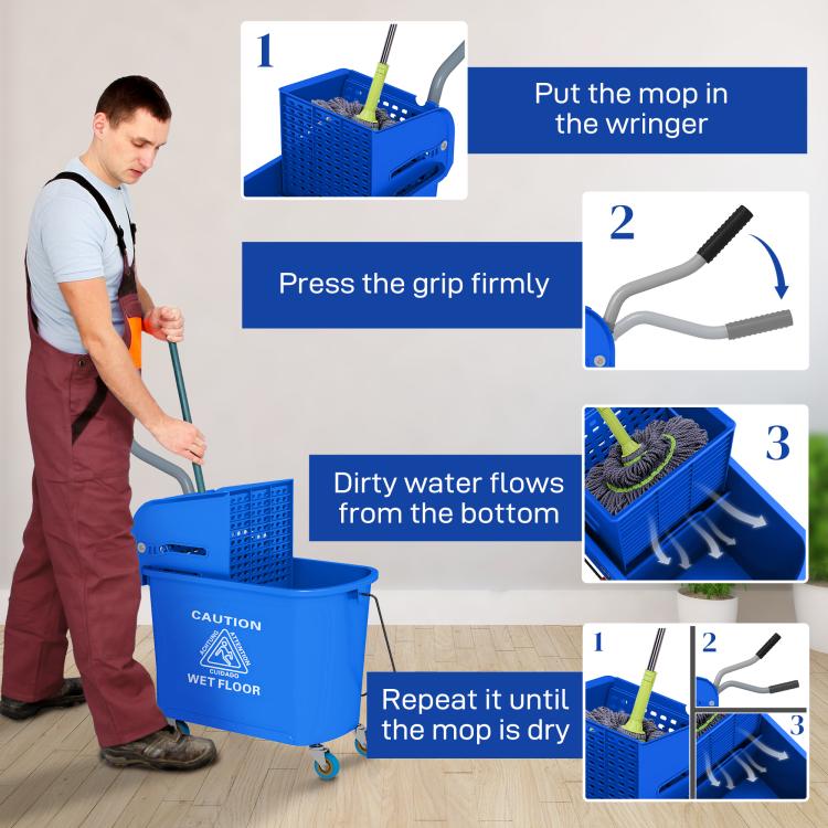 Blue wheeled mop bucket with wringer, instructional setup with mop and cleaning water