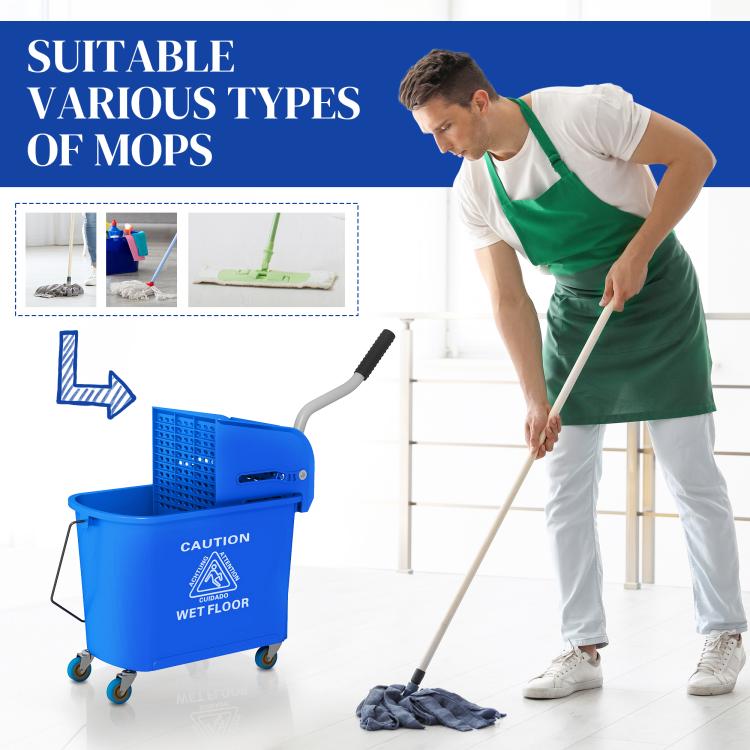 Blue wheeled mop bucket with wringer, demonstrated with a mop cleaning pad