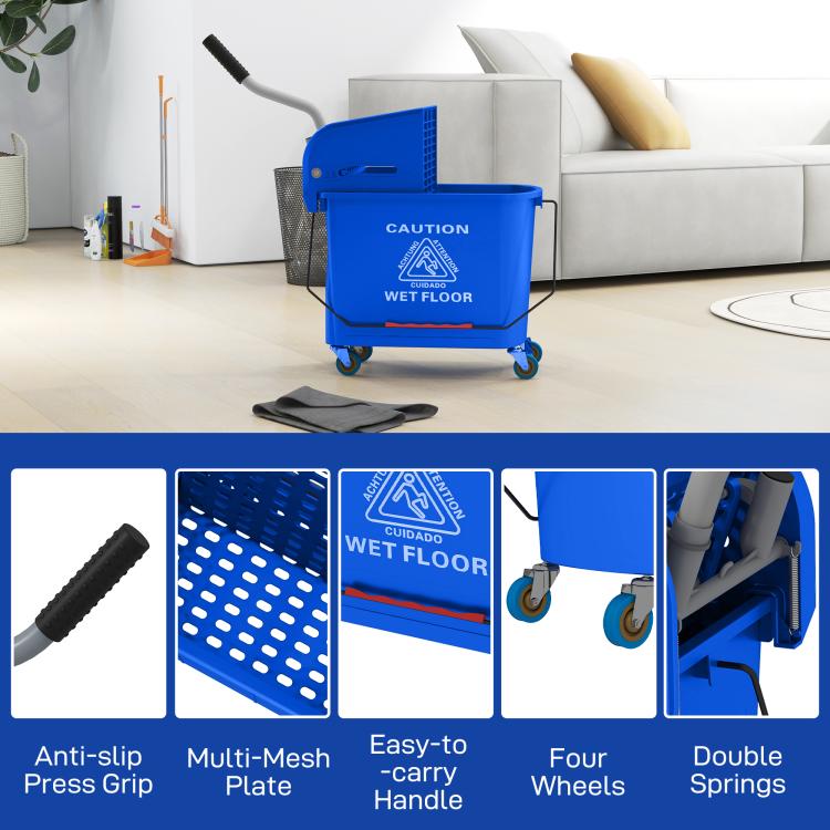 Blue mop bucket with wringer and wheels, featuring perforated mesh plate and grips