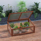Mini wooden cold frame greenhouse with open lid, clear panels, and potted plants inside