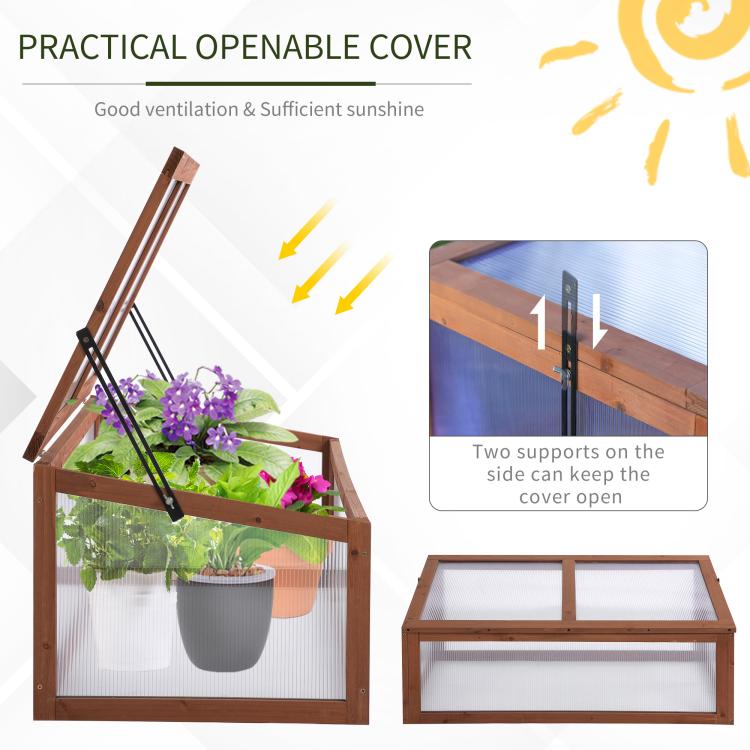 Mini cold frame greenhouse with openable hinged cover and side support bars