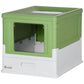 Green and white enclosed cat litter box with large front door opening