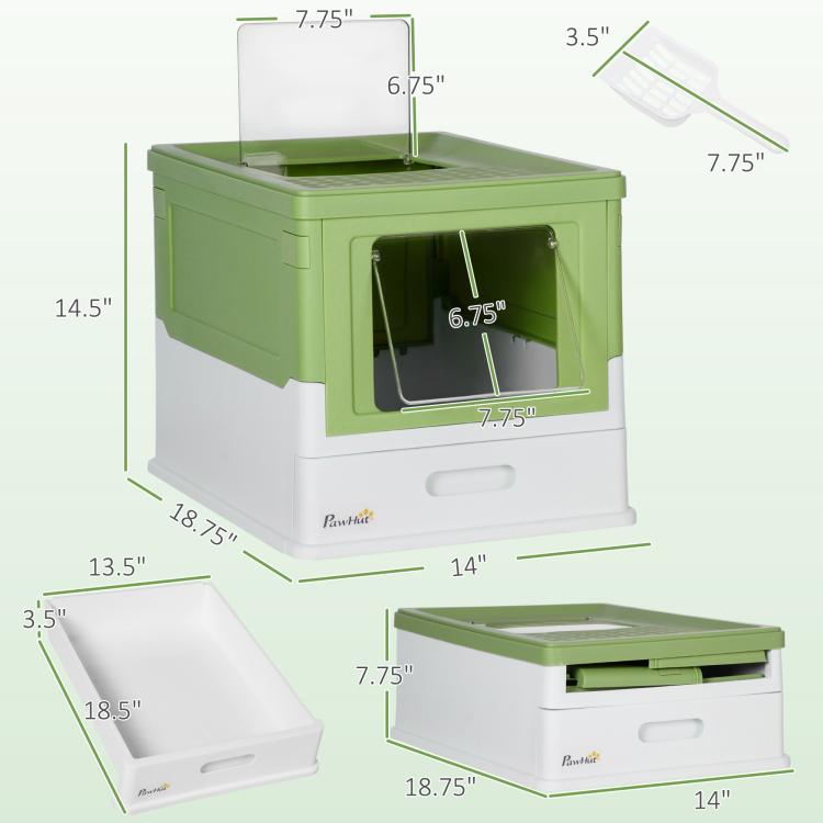 Green and white enclosed cat litter box shown with size measurements
