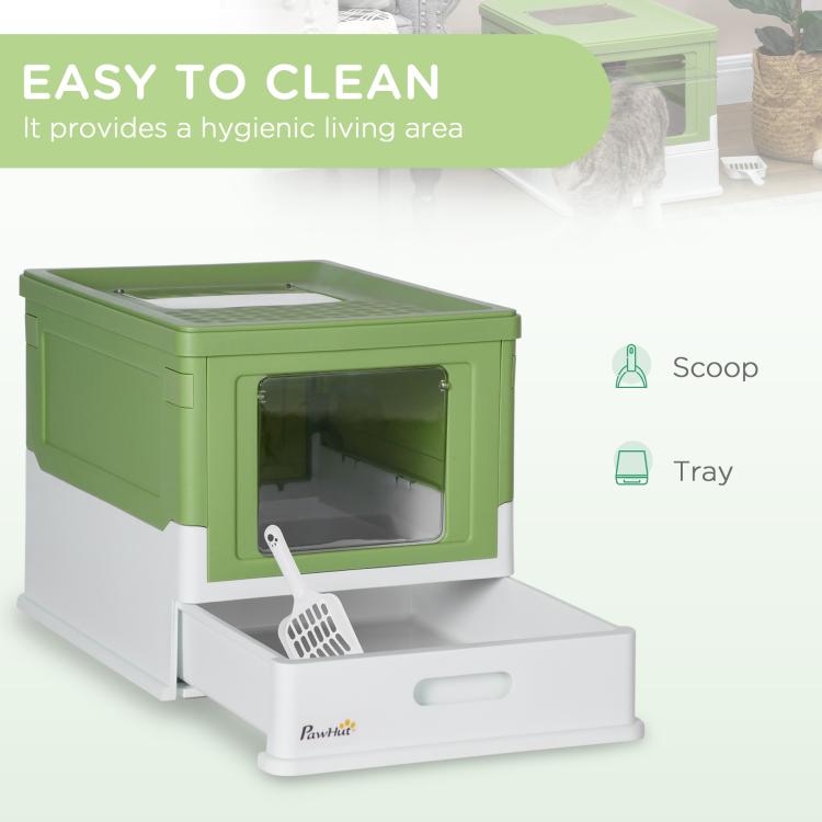 Green enclosed cat litter box with front door and base tray