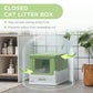 Green and white enclosed cat litter box with covered front opening