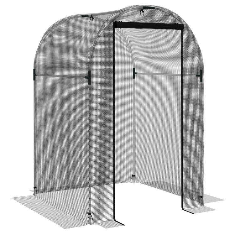 Galvanized steel plant protection tent with black frame, mesh sides, and zipped front door