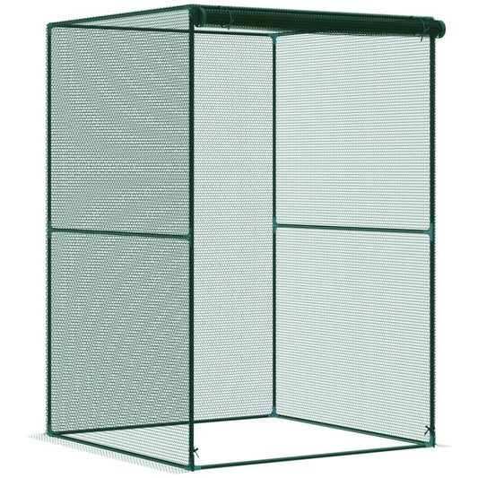 Dark green square mesh plant cage, front view with open side panels