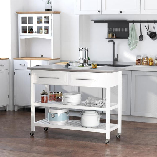 White kitchen island cart with stainless top, two shelves, drawers, and rolling casters