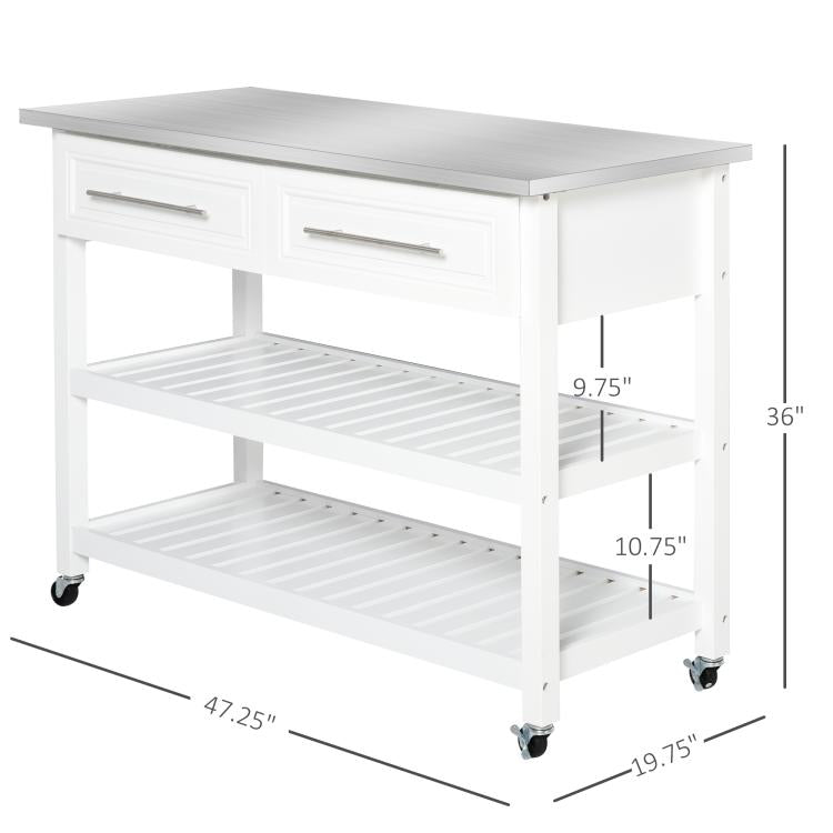 White kitchen island cart with stainless top, two open shelves, drawers, and casters