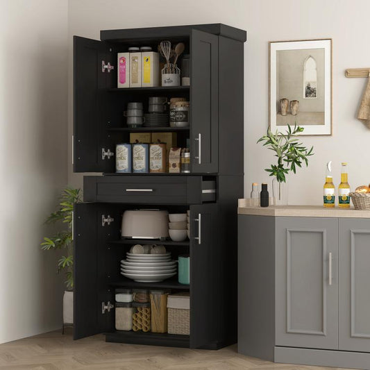 Black kitchen storage cabinet with open doors showing shelves with stacked dishes and jars