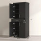 Black tall pantry cabinet with two doors and a drawer, showing interior shelf openings and height