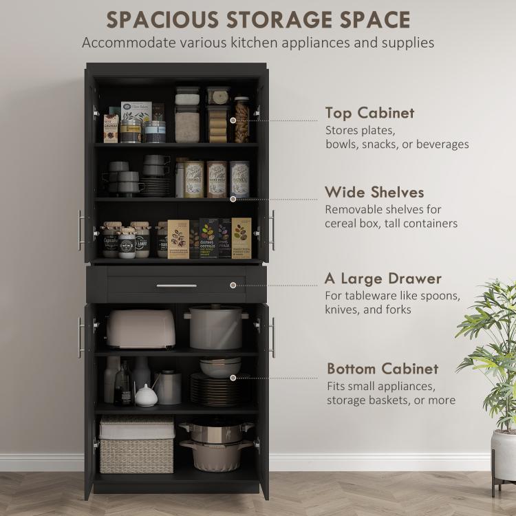 Black kitchen pantry cabinet with multiple shelves and a wide pull-out drawer for storage