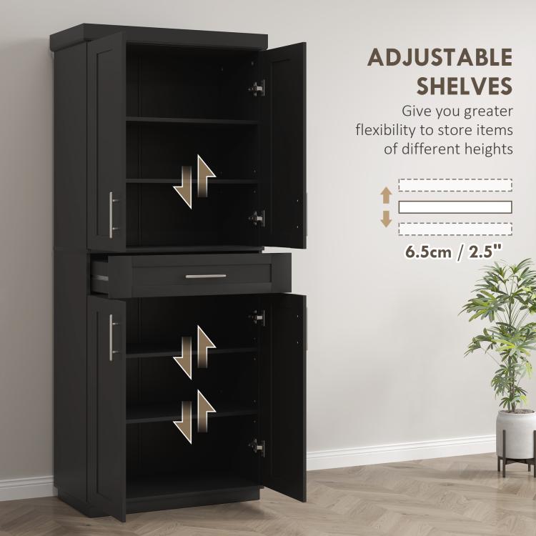 Black pantry cabinet with adjustable shelves, two-door storage, and drawer beneath