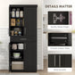 Black pantry cabinet detail: metal hinges, smooth drawer slides, and silver hardware