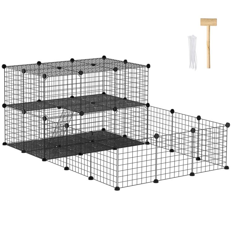Black metal pet playpen with wire mesh walls and multi-level dark platforms