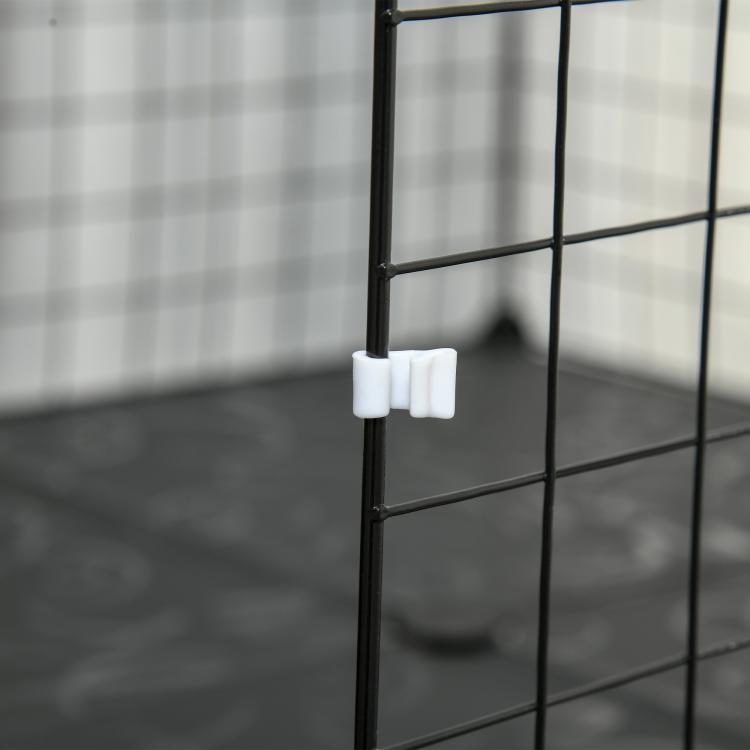 Black metal pet playpen mesh panel with door latch and white connectors