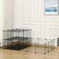 Black metal pet playpen with wire mesh sides, corner platform, and open doorway