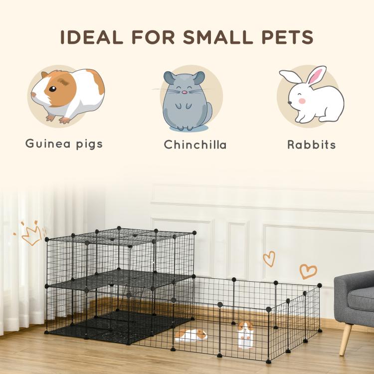 Black wire mesh pet playpen with multi-level platforms shown in a home setting