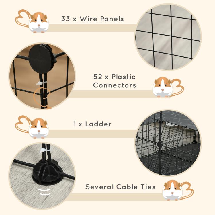 Pet playpen kit parts shown: wire panels, connectors, ladder, and cable ties