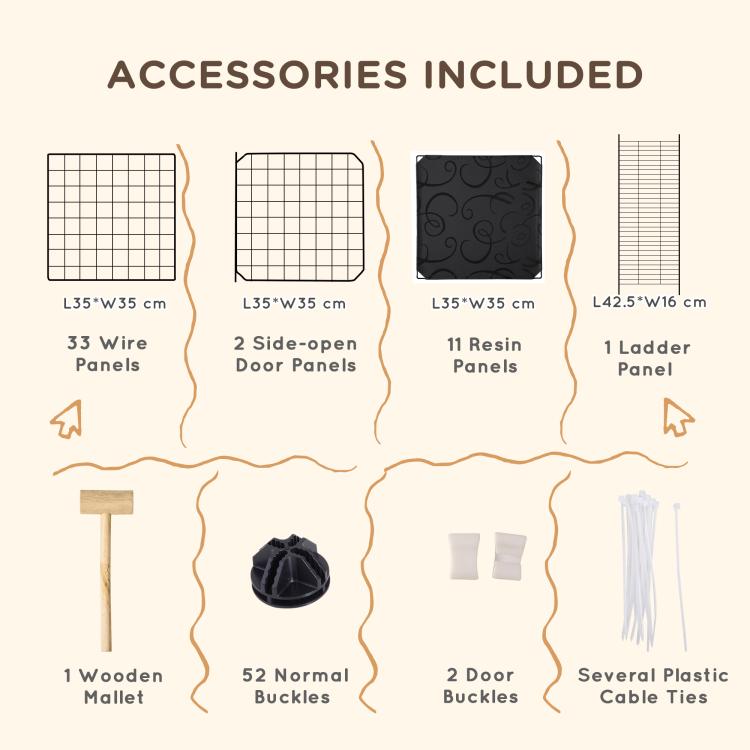 Accessories included for pet playpen: side-open doors, resin panels, ladder, cable ties