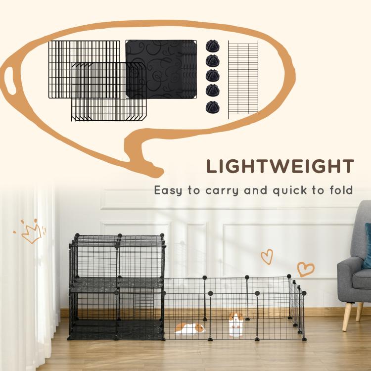 Lightweight black wire mesh pet playpen with foldable panels in a living room