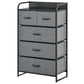 Gray 5-drawer chest dresser with black steel frame, fabric bins, and curved handles