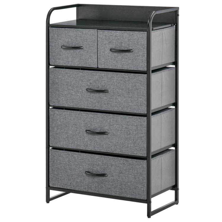 Gray 5-drawer chest dresser with black steel frame, fabric bins, and curved handles