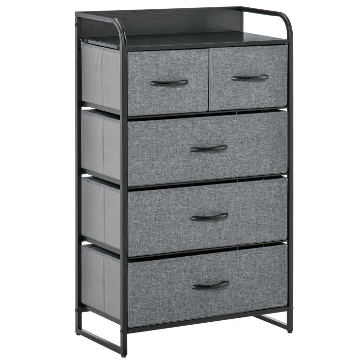Gray fabric 4-drawer dresser with steel frame and curved bar handles