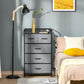 Gray 5-drawer chest dresser with top shelf, fabric drawers, and black steel frame