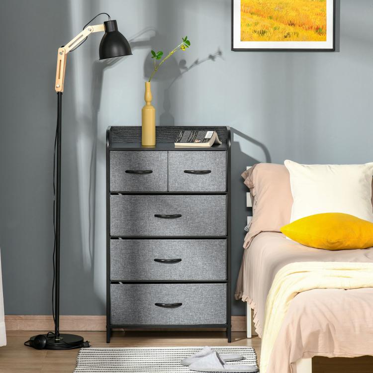 Gray 5-drawer chest dresser with top shelf, fabric drawers, and black steel frame