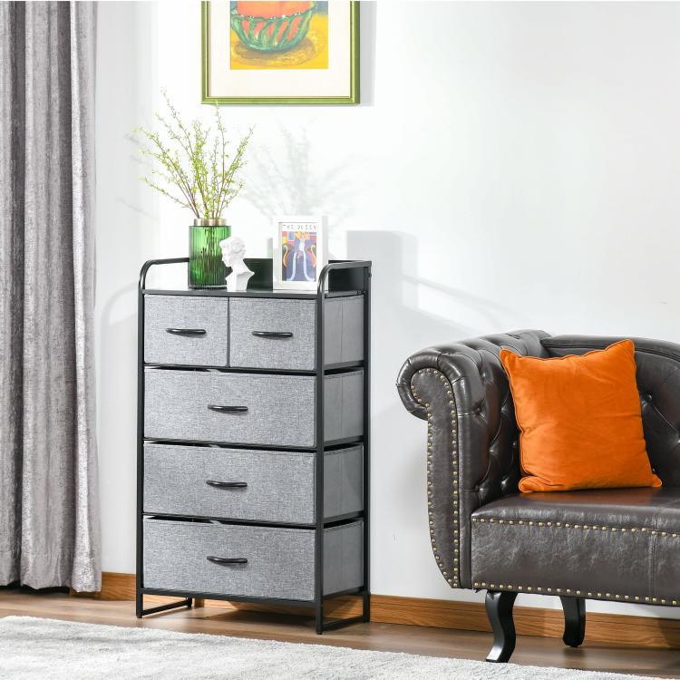 Gray 5-drawer chest dresser with black frame, fabric drawers, and top shelf